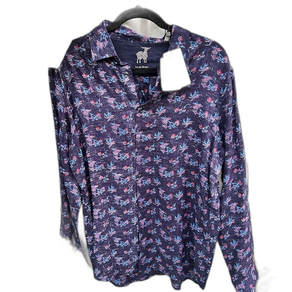 RAFFI Pure 100% Linen Men's Dress Shirt Medium Floral Blue Longsleeve Button NEW